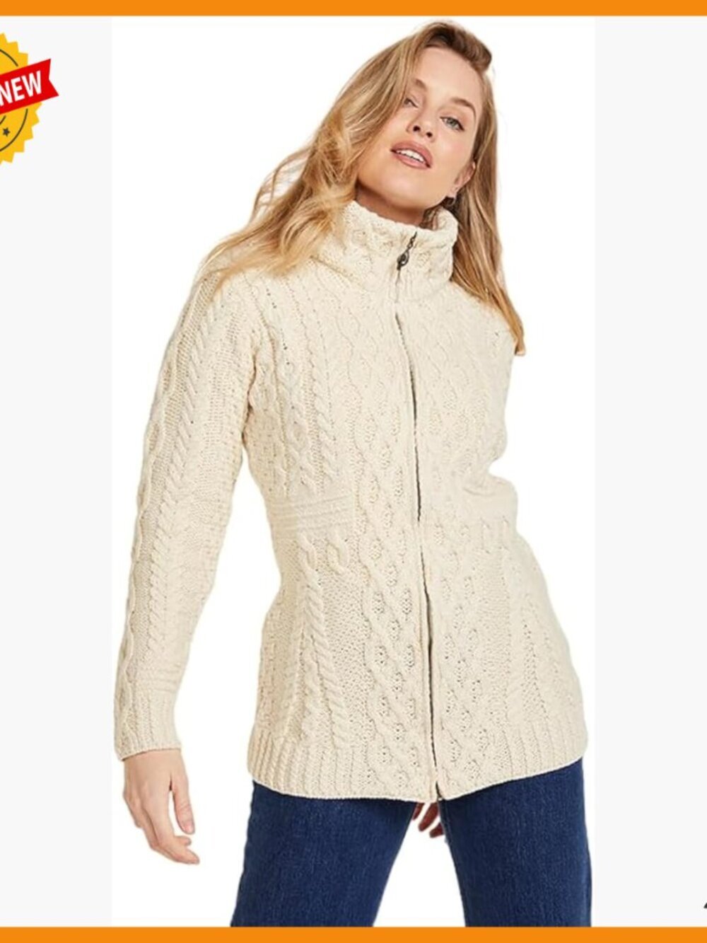 Merino Wool Zip Cardigan with Aran Cables, Fitted Long Sweater